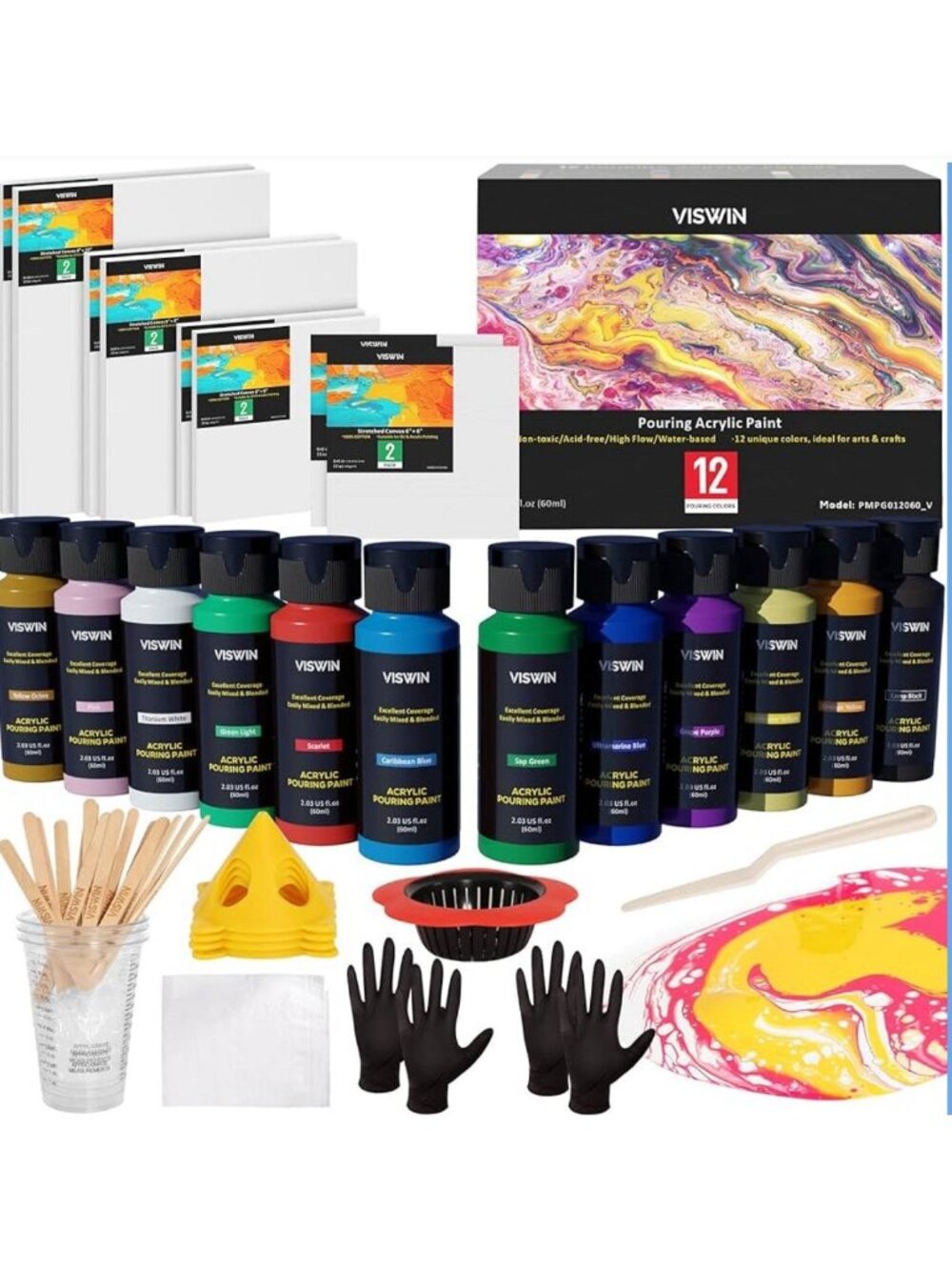 49pc Fluid Art Starter Set Acrylic Pour Paint and Canvas Kit Painting Craft Gift